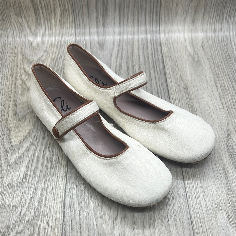 Eli White Mary Jane Flats with Brown Trim